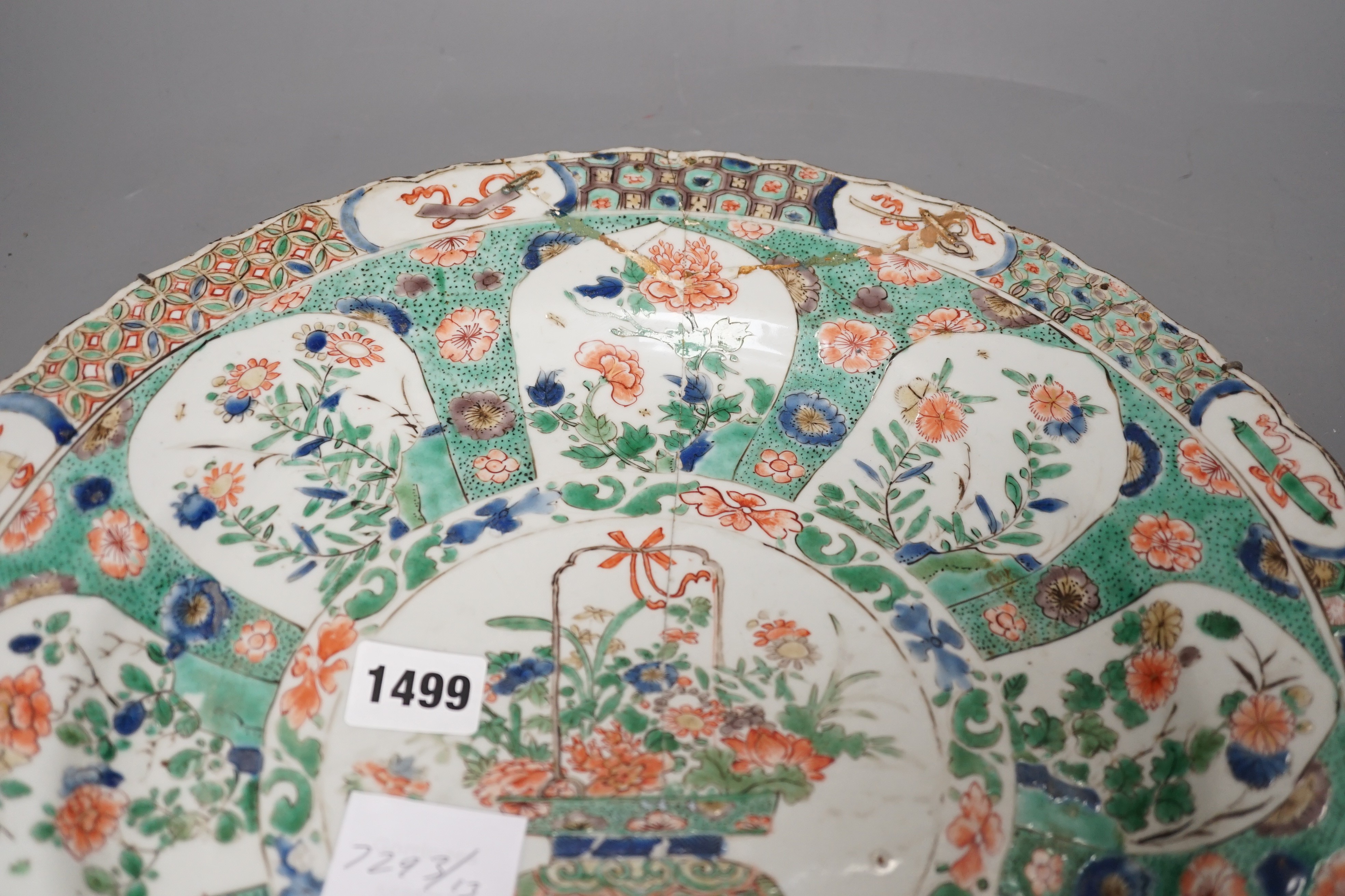 A Chinese Kangxi famille verte dish (repaired), 36cms diameter